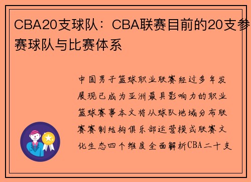 CBA20支球队：CBA联赛目前的20支参赛球队与比赛体系